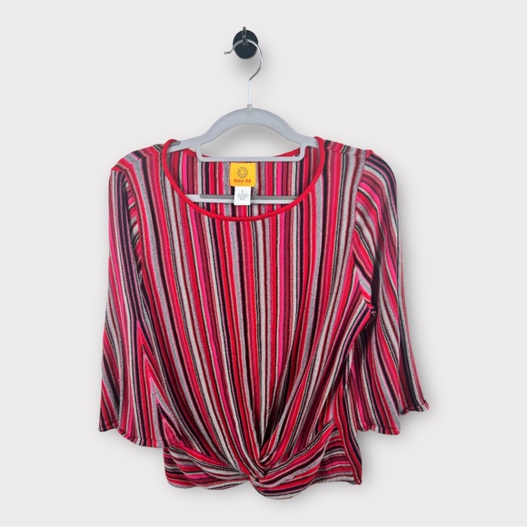 Ruby Rd Lipstick Red Shirt Top Large Metallic Stripe Twist Hem Stretch Pink - Picture 2 of 3